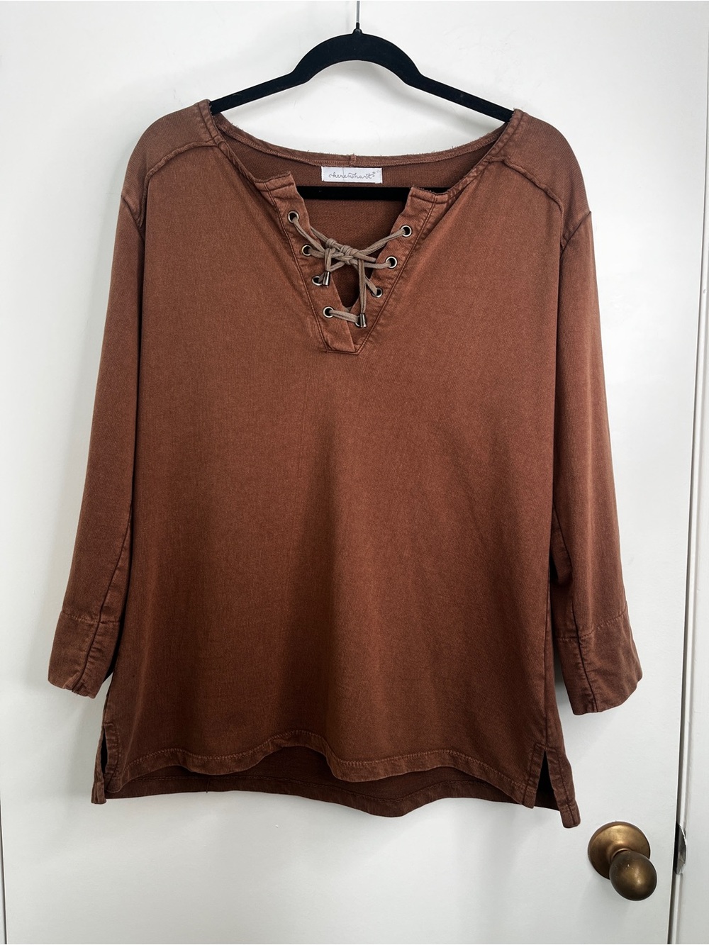 Keren Hart Lace-Up Faded Rust Brown Boxy Women's Top L Relaxed Boho Casual Chic